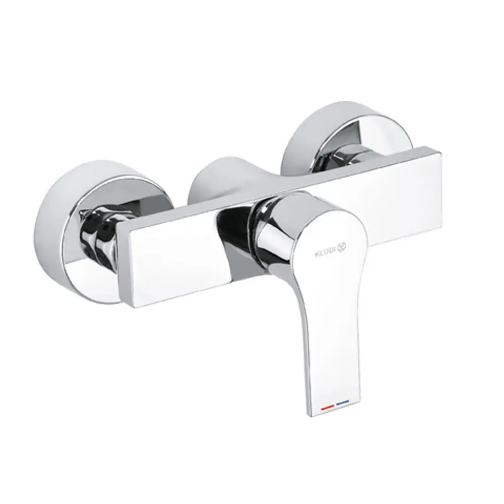 Brause-Einhandmischer von Kludi in Chrom, ausgestattet mit zwei runden Bediengriffen und einem zentralen Wasserhahn. Das Design ist schmal und modern.